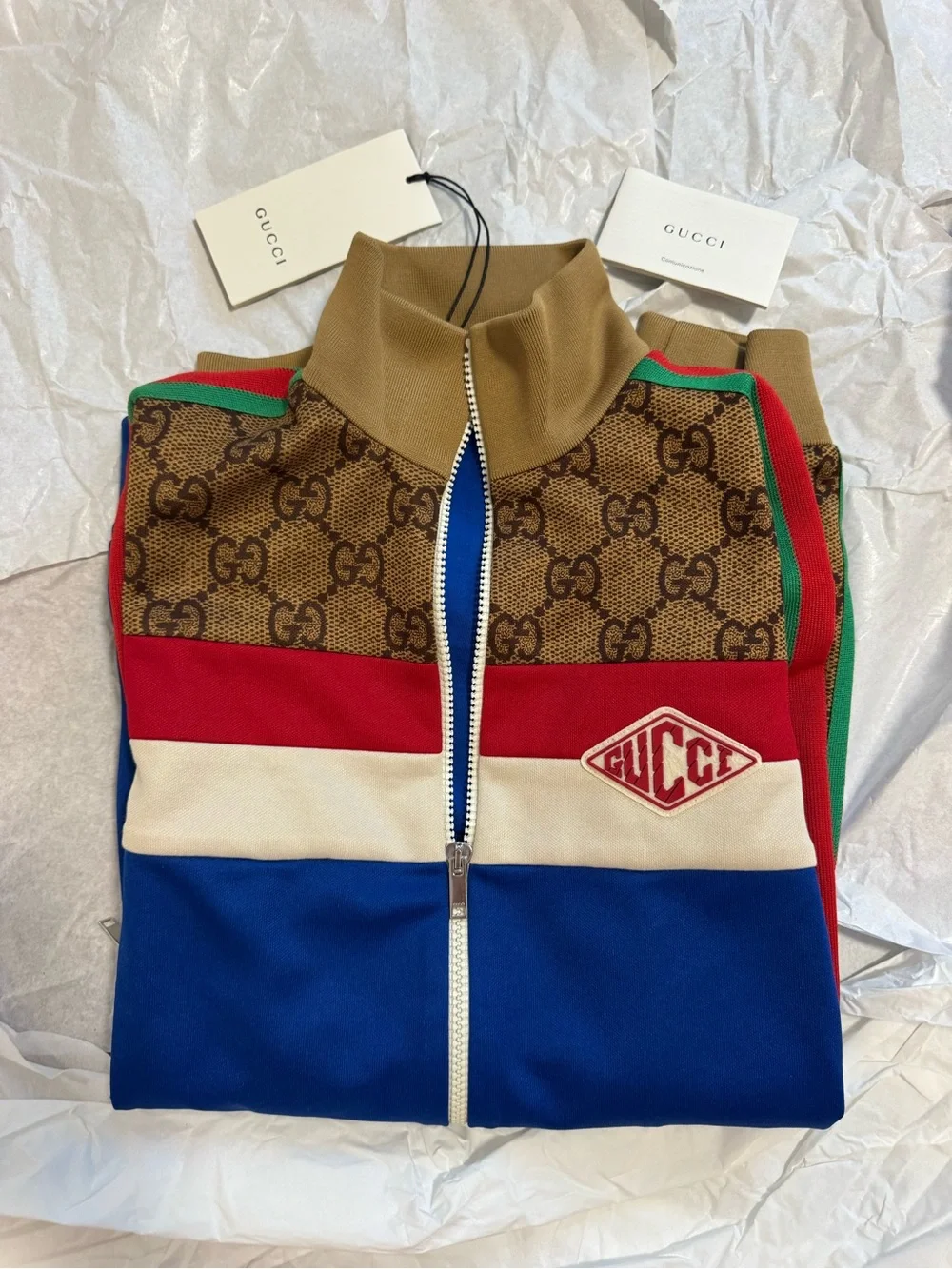 NEW Gucci GG Monogram Web Technical Zip Track Jacket Blue Brown Rare